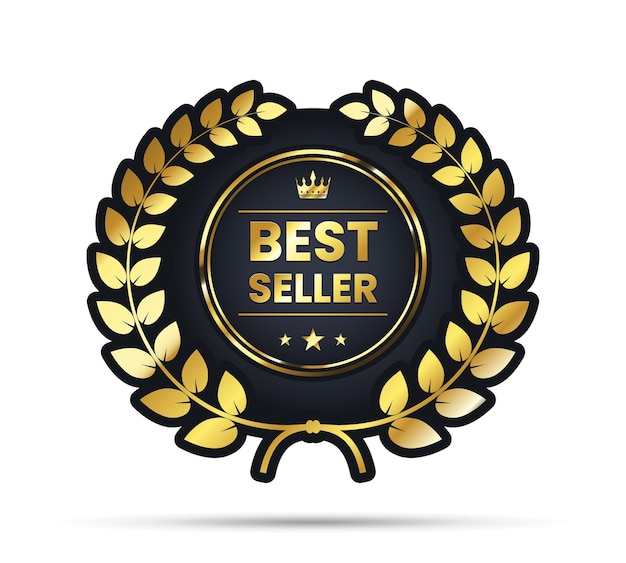 Vector 3d gold and black best seller award label realistic premium warranty badge with the laurel wreath