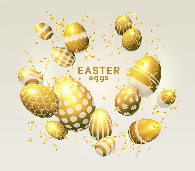 3d gold Easter eggs golden patterned balls Holiday decoration abstract composition spring geometric ornament gifts Banner or poster Render graphic Vector realistic exact isolated set