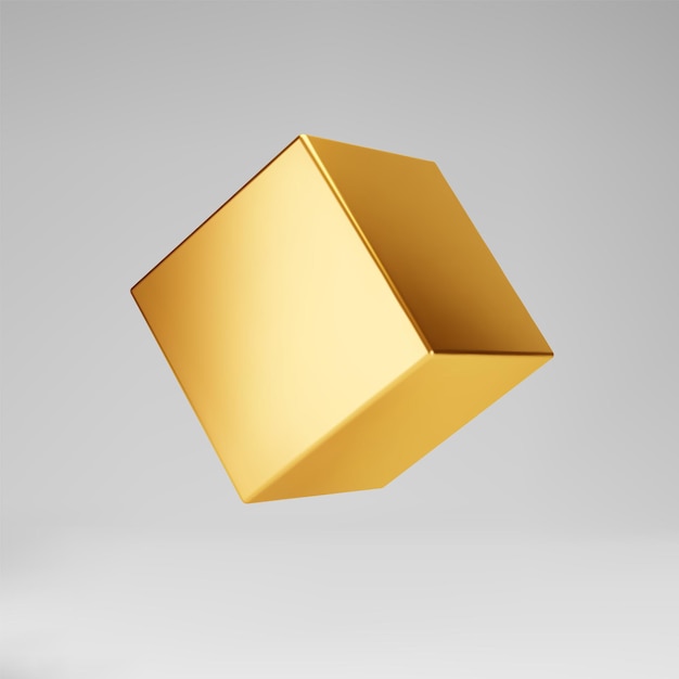 3d gold metallic cube isolated on grey background. Render a rotating glossy golden 3d box model in perspective with lighting and shadow. Realistic vector geometric shape.