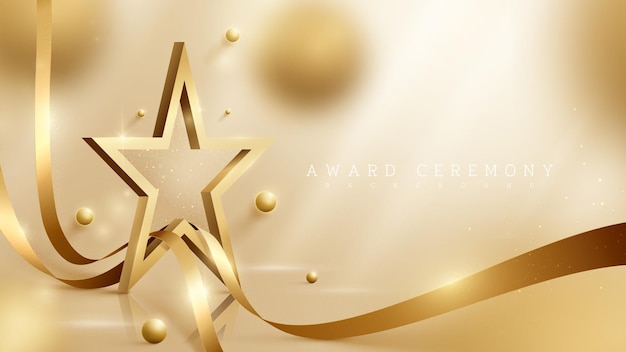 3d gold star background with ribbon element and ball with glitter light effect and bokeh decoration