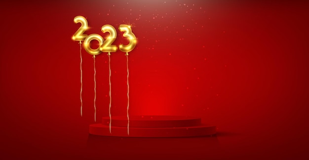 3D golden ballon 2023 with podium banner, New Year party, gold foil numerals, red product display