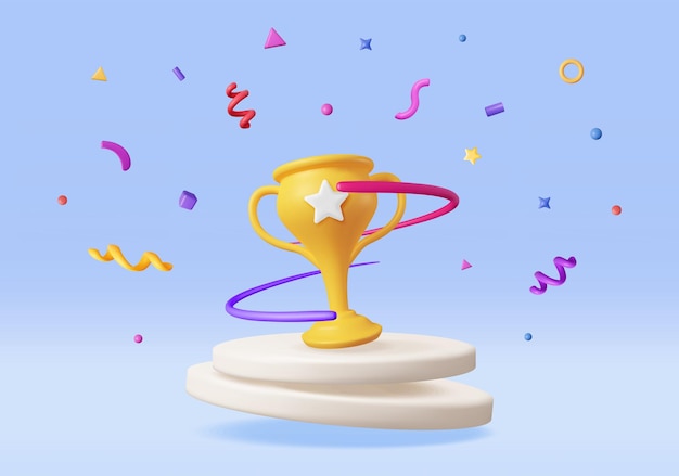 3D Golden Champion Trophy with Confetti on Podium