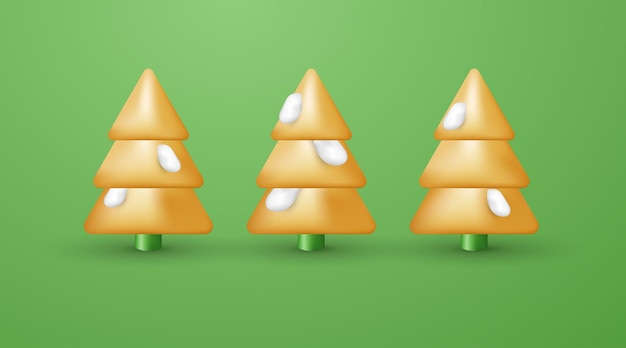 3d golden christmas tree with snow isolated on green background