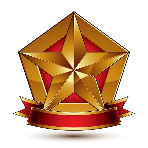 3d golden heraldic blazon with red filling and glossy pentagonal star, best for web and graphic design, clear EPS 8 vector. Decorative coat of arms with red wavy ribbon, defense symbol.