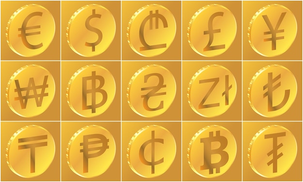 3d golden set of vector images of coin symbols from around the world. 15 in 1 set