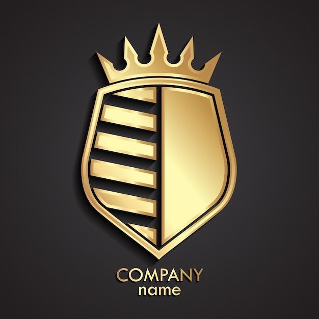 3d golden shield logo with crown and stripes