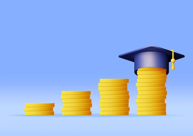 3D Graduation Cap and Gold Coin Stacks