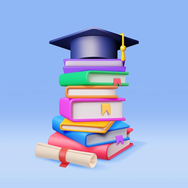 3D Graduation Cap with Diploma and Pile of Books