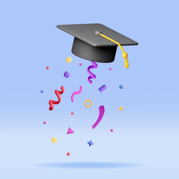 Vector 3d graduation hat in air with confetti