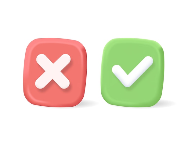 3D Green tick check mark and cross mark symbol accepted and rejected