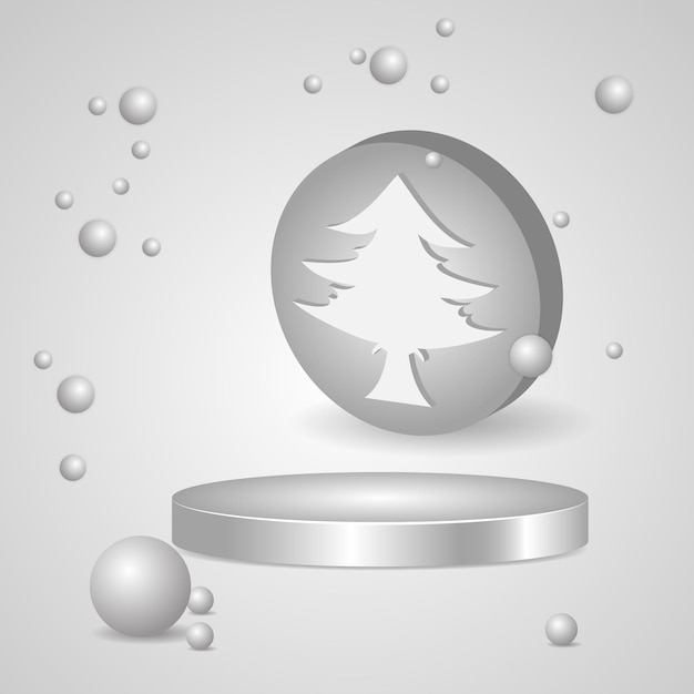 3d grey circle podium winter background. tree and snowflakes. suitable for background promotion