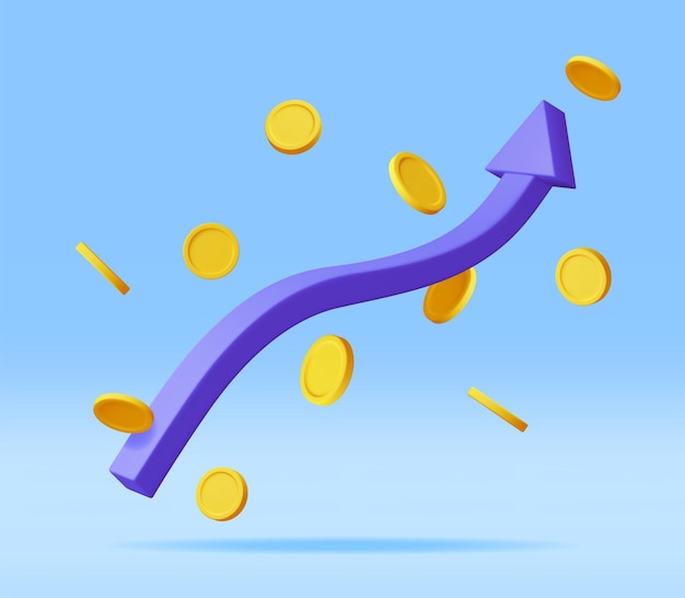 3D Growth Stock Chart Arrow with Golden Coins