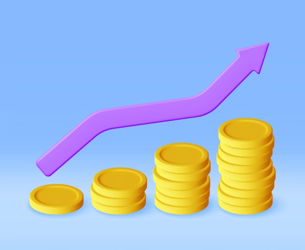 3D Growth Stock Chart Arrow with Golden Coins