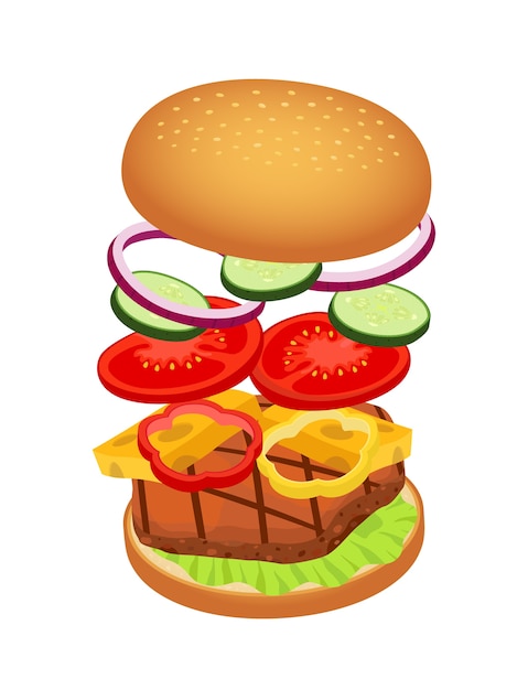 3d hamburger with ingredients, fast food concept