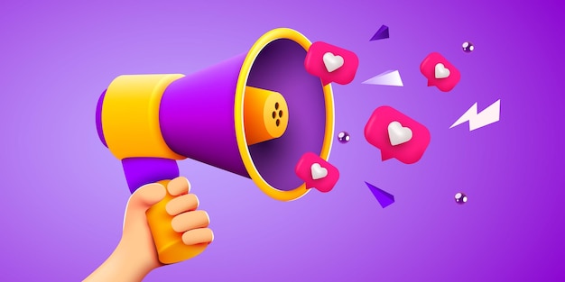 3d hand holding megaphone speaker or loudspeaker bullhorn for announce Mockup with like notifications Social media promotion