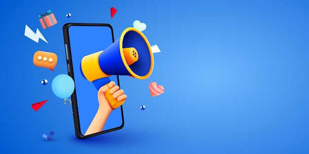 3d hand holding megaphone speaker in smartphone for announce Social media promotion mockup