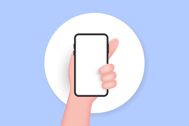 3D hand holding smartphone on white circle background 3d vector illustration