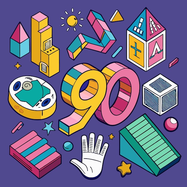 Vector 3d handdrawn 90s nostalgia icons set