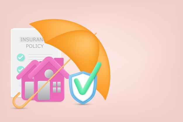 3d House property insurance concept 3d icon umbrella with home insurance document and shield with a checkmark House safety under an umbrella 3d house insurance vector illustration