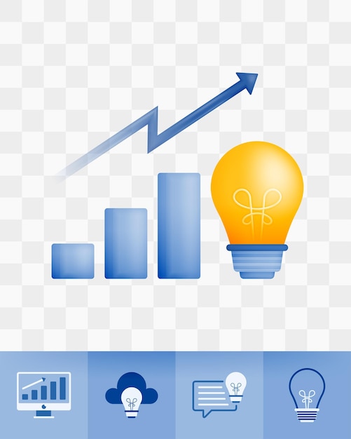 3d icon realistic render style of bulb and lights with increase in bar charts and arrows metaphors from ideas to increase wealth profit margin or sales Can be used for websites apps ads poster