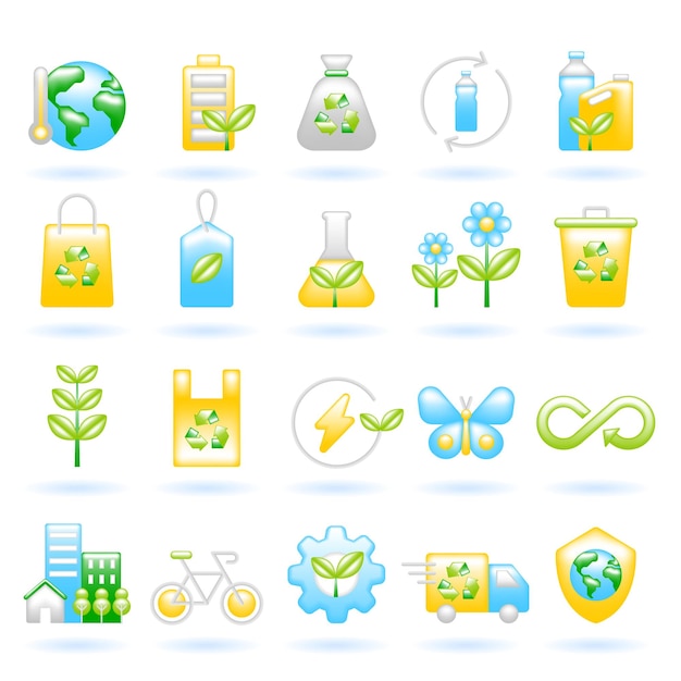 3D Icon Set of Ecology Sustainability Environment Concept Hot Earth Battery Trash Bottle Bag Tag Flask Flower Bin Cute Realistic Cartoon Minimal 3D Render Vector Icons Isolated Illustration