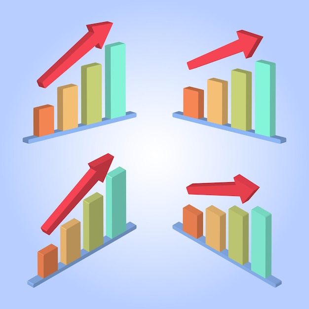 3d icon set of growing bar chart with rising arrow