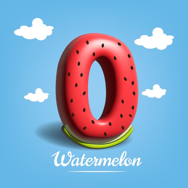 3d icon zero number with watermelon style illustration