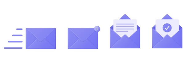 3d icons of a purple mail envelope with a new message marker Email notification with a checkmark