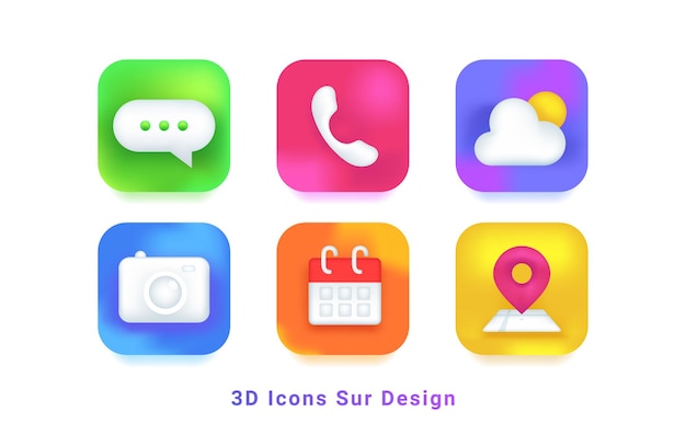 3d icons sur design symbols for mobile app. Realistic icons set of chat, phone, weather broadcast, camera, calendar and map on colorful gradients with shadows for modern mobile applications and web