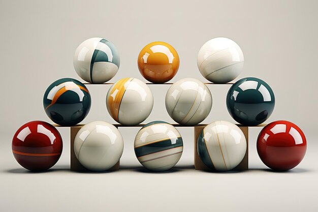 3D illustration of balls of different sizes on a white surface The idea of order chaos and abstrac