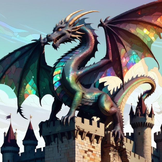 Vector 3d illustration of a beautiful fairy tale castle with rainbow