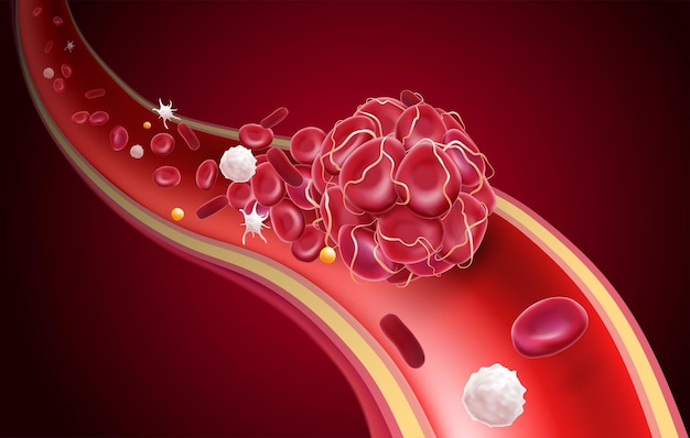 3D illustration of a blood clot in a blood vessel showing a blocked blood flow with platelets and white blood cells in the image