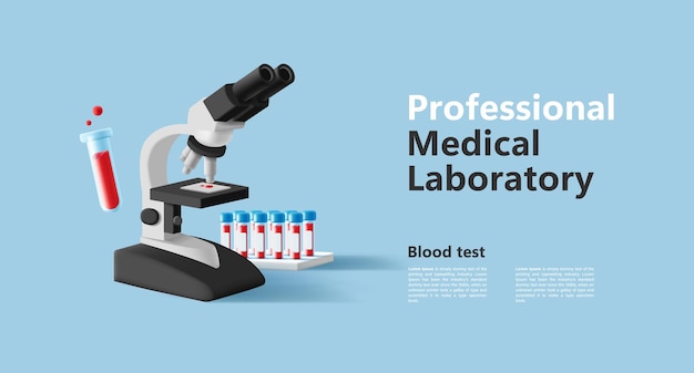 3d illustration of blood test laboratory with blood samples in glass beaker tubes and microscope with biological material web banner