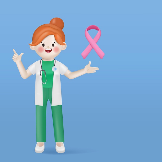 3d illustration cartoon cute doctor woman character presenting a pink ribbon in the breast cancer aw