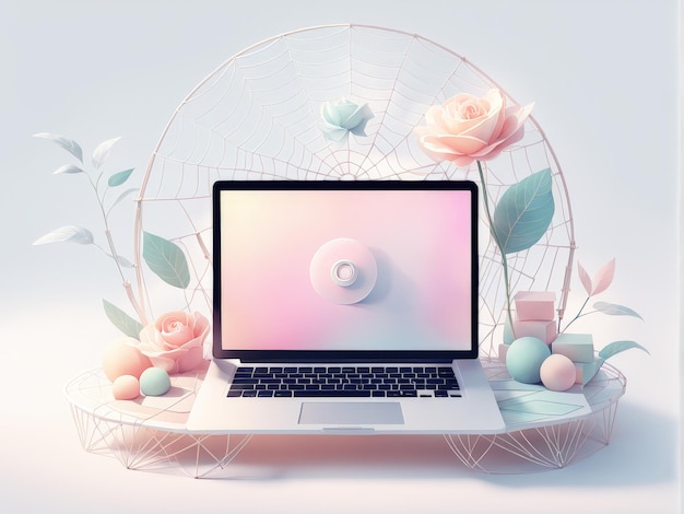 Vector 3d illustration computer screen with flowers digital art background for design