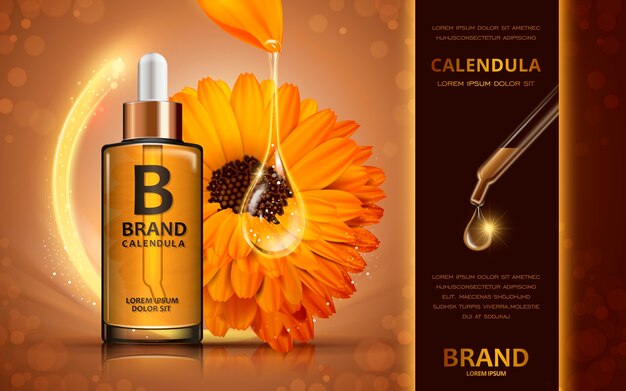 Vector 3d illustration cosmetic ads design with sparkling liquid and flower