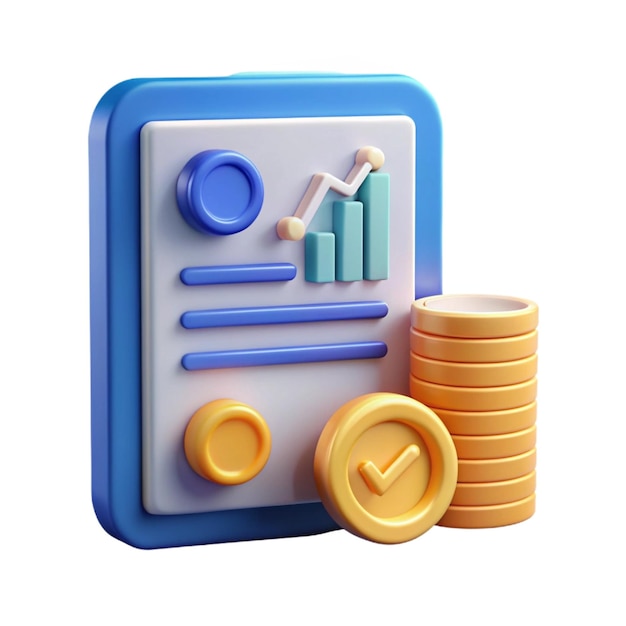 3D Illustration of a Financial Report with Coins and a Checkmark