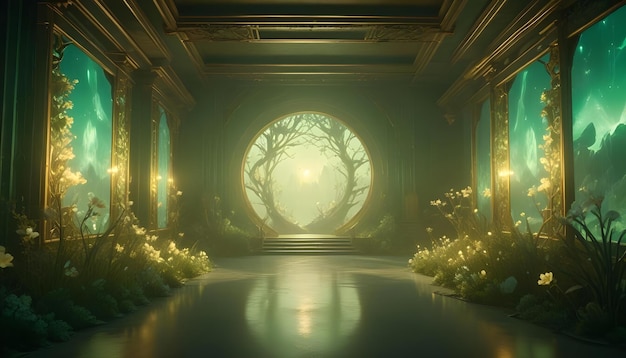 Vector a 3d illustration of a grand ornate room with a large arched window opening onto a magical forest the room is filled with lush greenery glowing lights and a sense of wonder