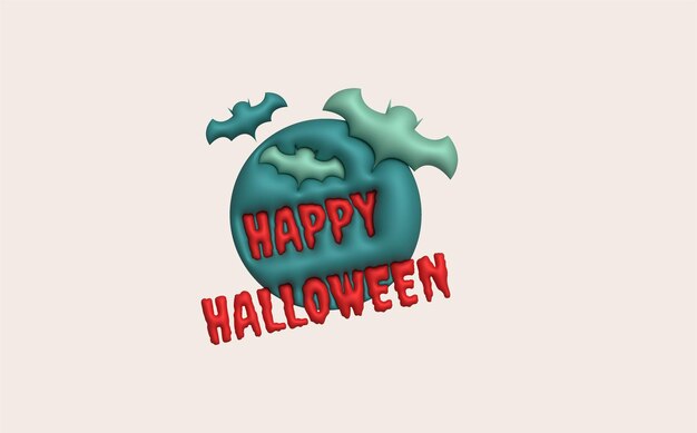 3D illustration Happy Halloween text and full moon and bats