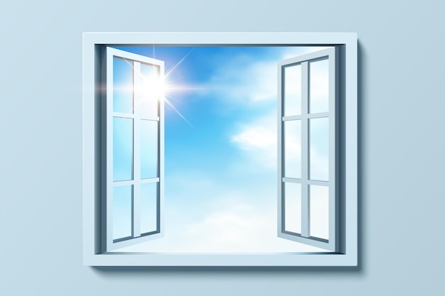 3d illustration of an open window against a blue wall sunshine over blue sky outside the window