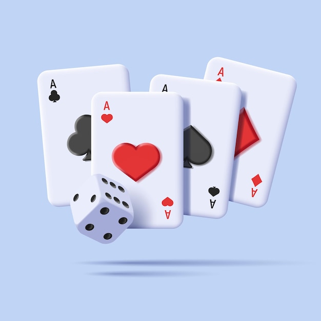 3d illustration of plaing cards aces with dice cube casino promo icon