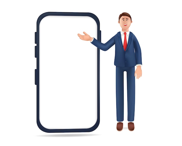 3d illustration portrait of smiling businessman with big phone. businessman doing presentation