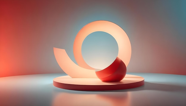 Vector 3d illustration of a red halfsphere on a round platform with a white spiral and a white circle behind it the scene is lit with a blue and red gradient creating a sense of minimalism and modernism