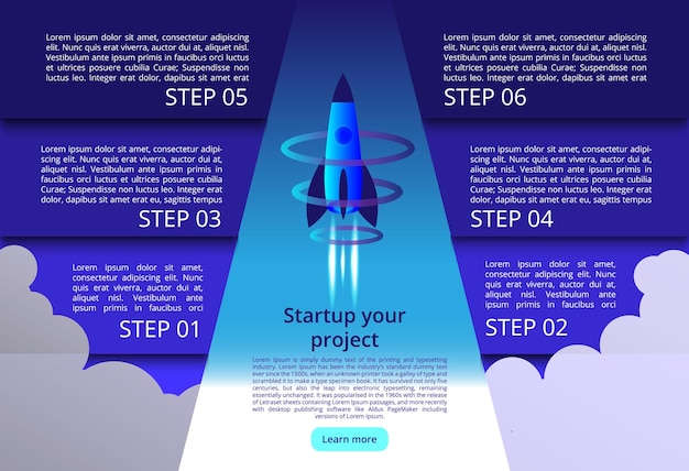 3D illustration of rocket with infographic elements and ultraviolet rays for Business Startup