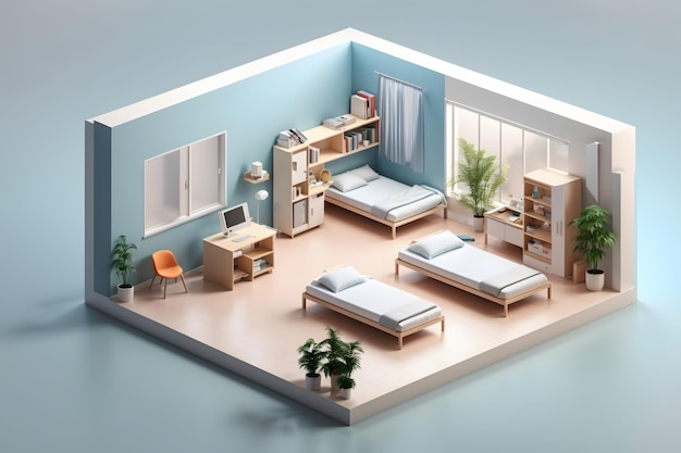 a 3d illustration of a room with a bed a bookshelf and a couch