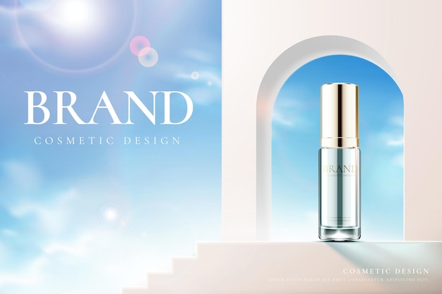 3d illustration of skincare product ad surreal background design of sky view through window with sun flare