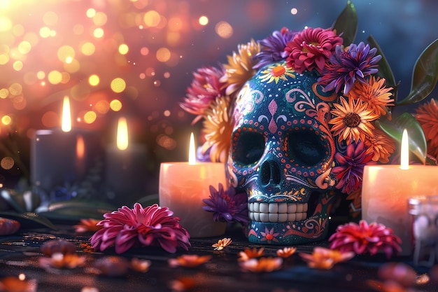 Vector 3d illustration sugar skull halloween dia de los muertos