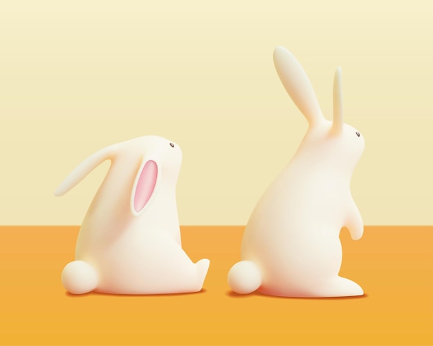 3d illustration of two white baby rabbits viewed from the back Adorable animal elements isolated on yellow background Suitable for Easter Sunday and Mid Autumn Festival