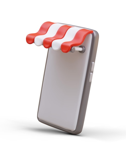 3d image of smartphone with striped shop canopy Symbol of online shopping application for phone