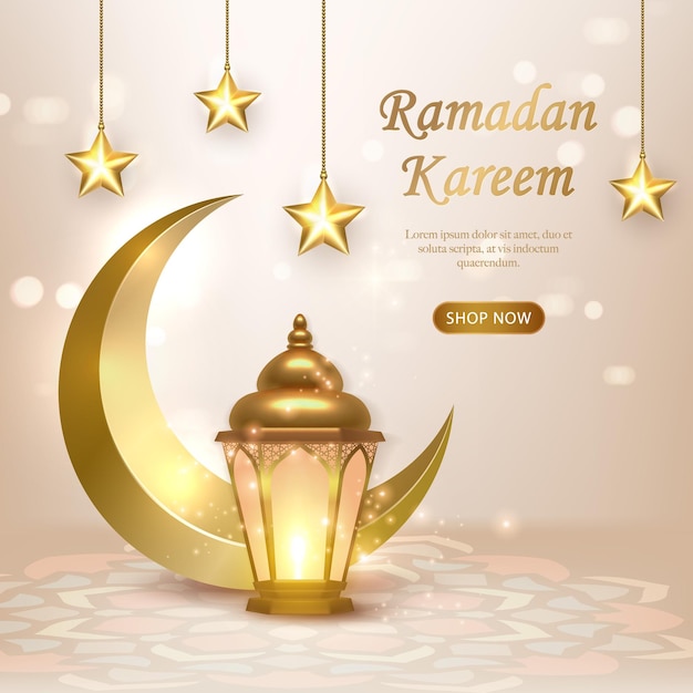 3D Islamic lantern star crescent moon with elegant bokeh background suitable for Ramadan Raya Hari Eid al Adha Islamic holiday